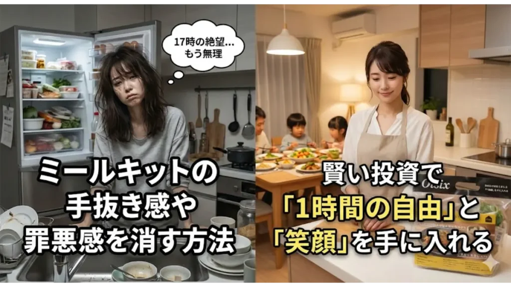 ミールキットの罪悪感を消す方法。疲れ切った主婦がオイシックスで1時間の自由と家族の笑顔を取り戻すビフォーアフターのアイキャッチ画像。