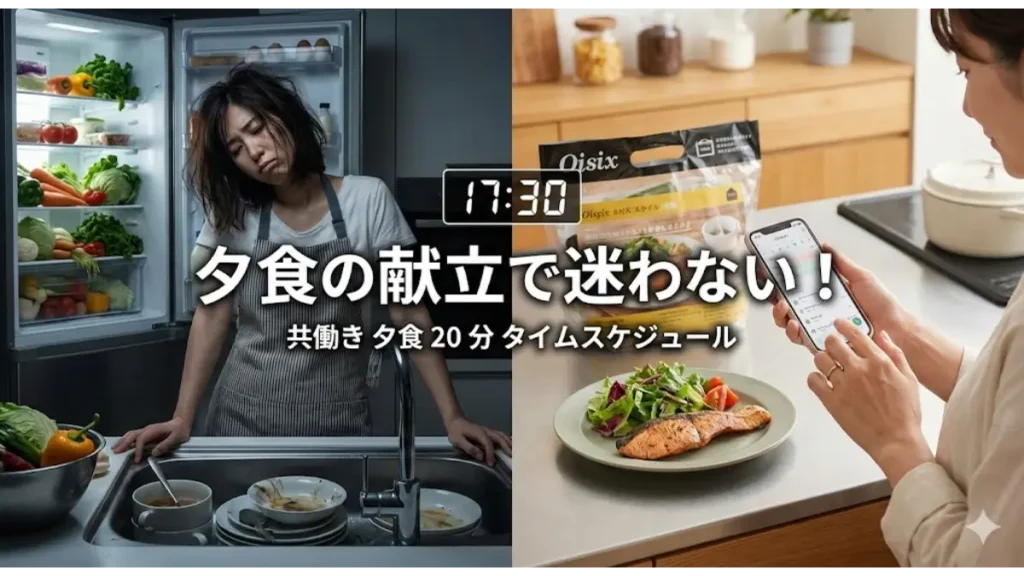 共働きの夕食作りを20分で完結。献立に迷う絶望から解放され、ミールキット活用で心の余裕が生まれた主婦のビフォーアフター比較画像。