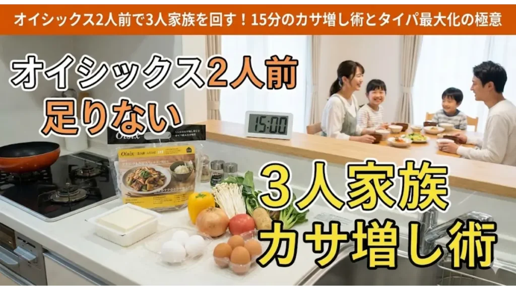 オイシックスの2人前ミールキットを豆腐や卵でカサ増しし、3人家族で夕食を楽しむ様子。足りない悩みを解消する15分時短術のアイキャッチ画像。