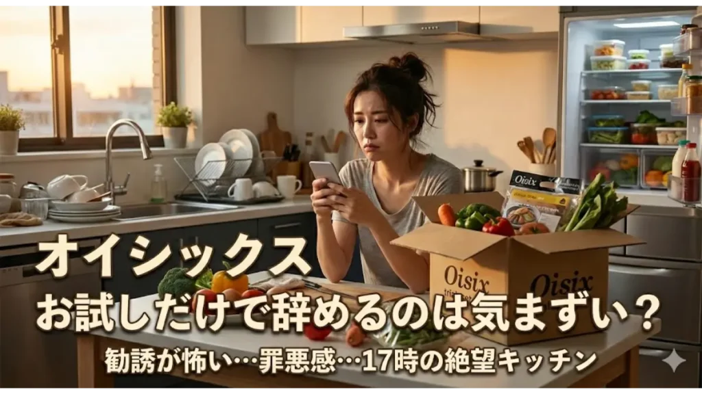 オイシックスお試しだけで辞めるのは気まずい？17時の献立に絶望する主婦が、20分の時短で心の余裕を取り戻すためのブログ用アイキャッチ画像。