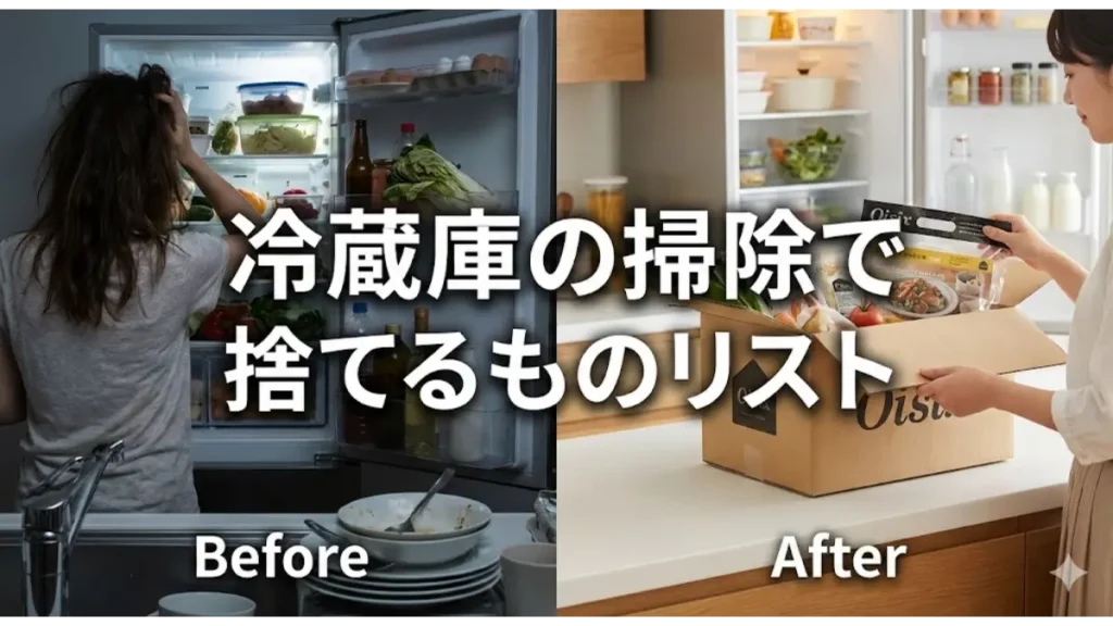 オイシックス届く前の冷蔵庫掃除で捨てるものリスト。パンパンな冷蔵庫からスッキリ片付いたキッチンへのビフォーアフターを比較した画像。