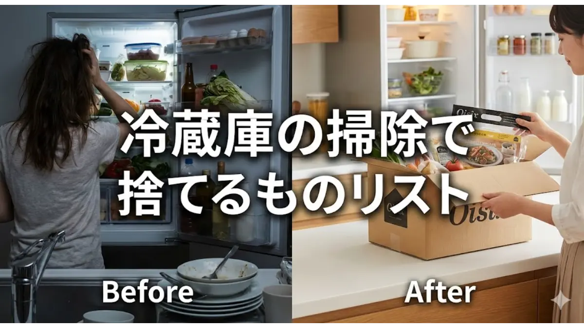 オイシックス届く前の冷蔵庫掃除で捨てるものリスト。パンパンな冷蔵庫からスッキリ片付いたキッチンへのビフォーアフターを比較した画像。