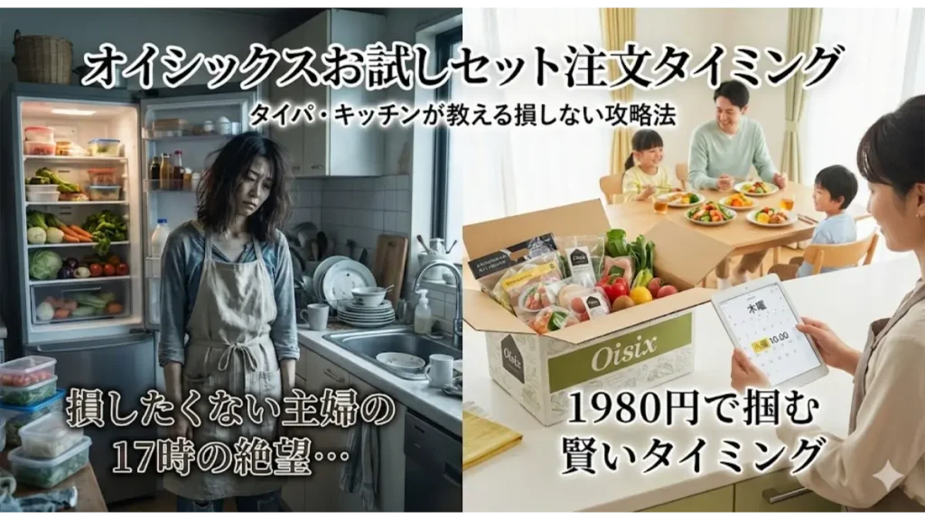 疲弊した主婦とオイシックスで笑顔の食卓を囲む家族の対比。1980円お試しセットの損しない注文タイミングを解説するブログ用アイキャッチ画像。