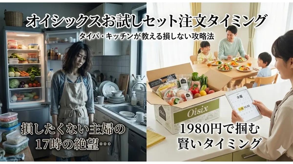 疲弊した主婦とオイシックスで笑顔の食卓を囲む家族の対比。1980円お試しセットの損しない注文タイミングを解説するブログ用アイキャッチ画像。