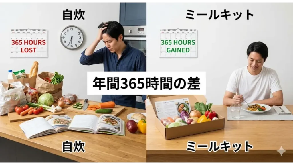 自炊とミールキットによる年間365時間の差を比較。忙しい主婦が時短で心の余裕を手に入れる変化を視覚化した、タイパ重視の解説画像。