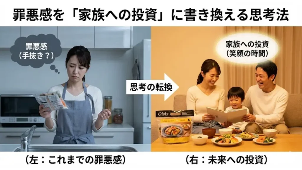 夕食作りの罪悪感を「家族への投資」に変える思考法。ミールキットで生んだ余裕を家族の笑顔に充てる、ポジティブな変化を伝えるイメージ画像。