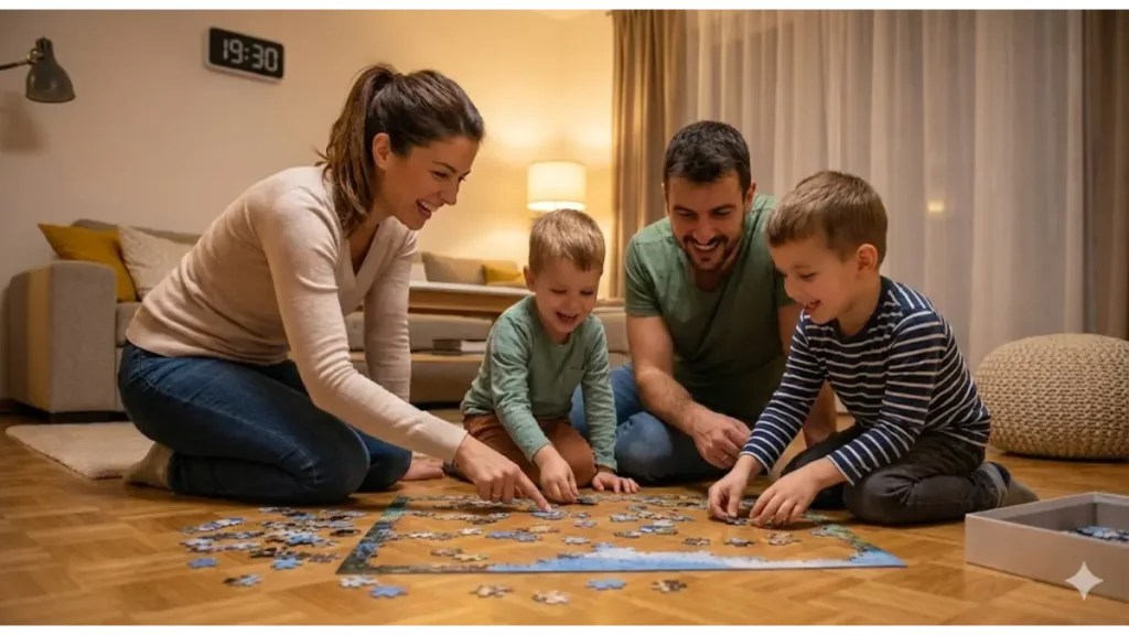 夕食作りの時短で生まれた夜のゆとり時間。両親と子供たちが笑顔でジグソーパズルを囲み、家族団らんを楽しんでいる温かいリビングの様子。