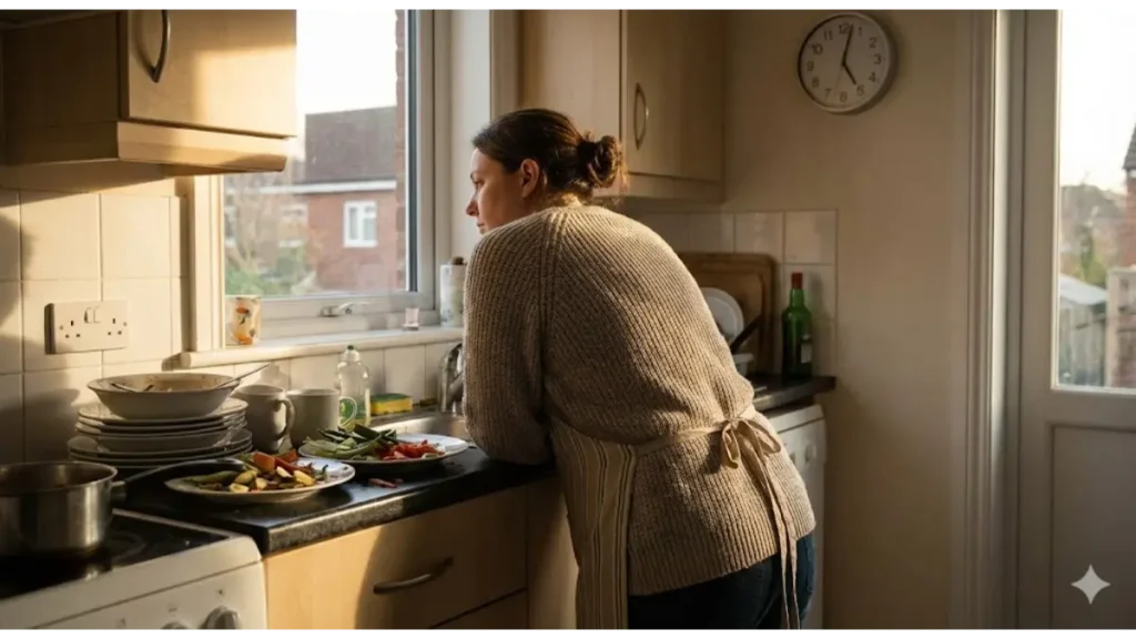 17時の夕食作りに絶望し、散らかったキッチンで立ち尽くす主婦。献立作成や名もなき家事に疲れ切った、忙しいママの日常をリアルに描いた実写風画像。