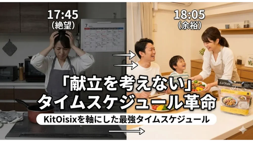 献立を考えない20分夕食革命。KitOisixを軸にした最強タイムスケジュールで、絶望が家族の笑顔に変わる様子を伝えるビフォーアフター画像。