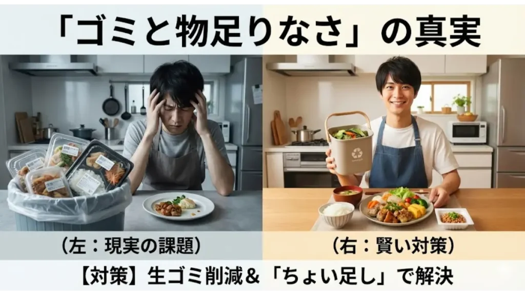 ミールキット導入の課題「ゴミと物足りなさ」の真実。プラ容器ゴミへの悩みと、生ゴミ削減やちょい足しによる賢い解決策を示した比較画像。