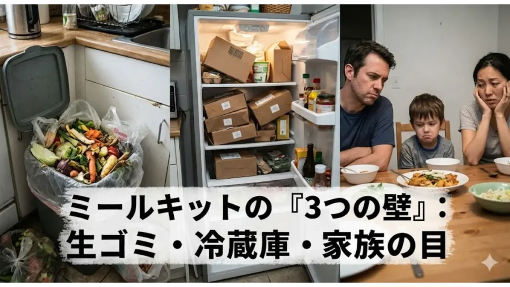 ミールキット導入を阻む「3つの壁」を表現。溢れる生ゴミ、箱で埋まる冷蔵庫、不満げな家族のリアルな姿を描いた写真とテキスト。