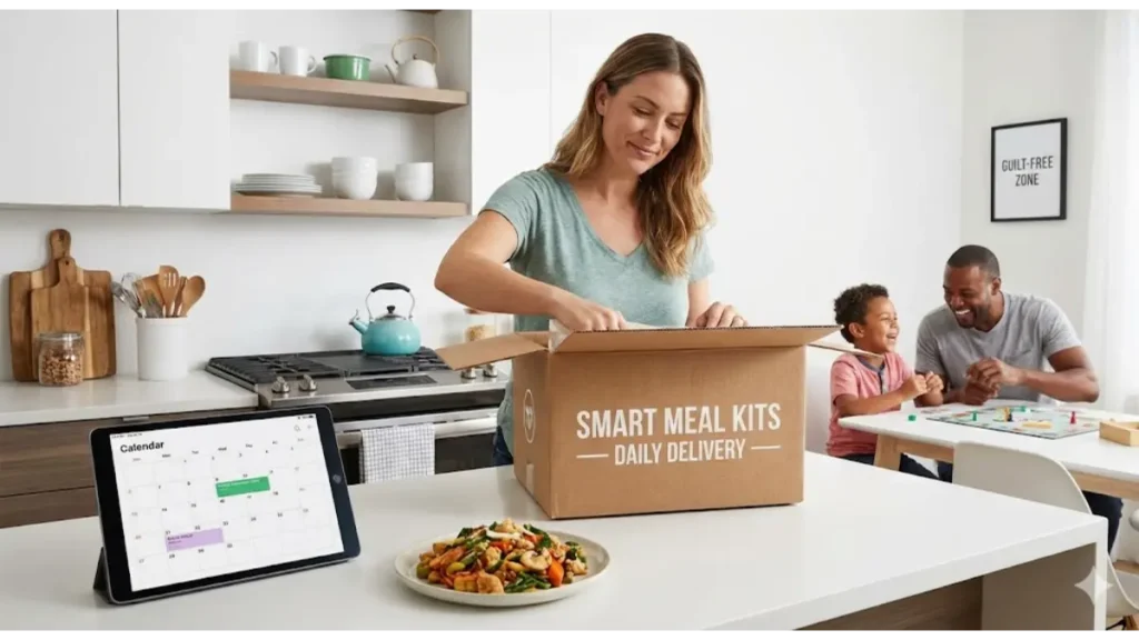 ミールキットを賢い投資として活用し、笑顔で過ごす主婦。清潔なキッチンで家族と団らんを楽しむ、家事時短で手に入れた「ゆとりある日常」を表現した実写風画像。