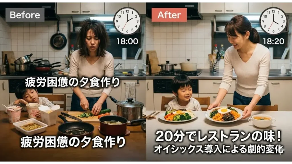 疲労困憊の夕食作りが、オイシックス導入で20分でレストランの味に変わる比較画像。親子の笑顔と心のゆとりが生まれる劇的変化を表現。