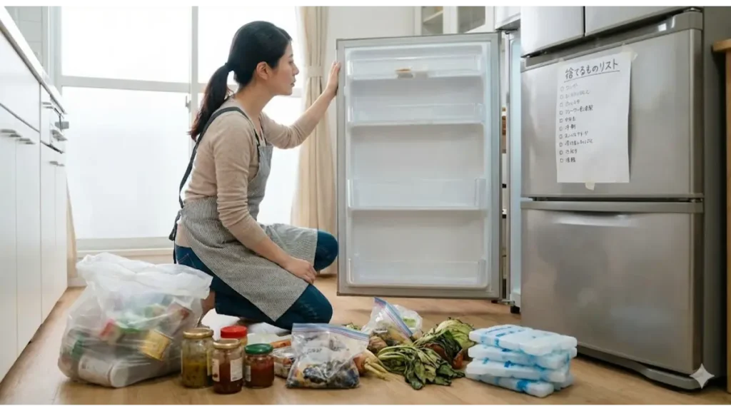 オイシックス到着前に冷蔵庫を掃除する様子。床に並んだ古い調味料や化石野菜と、扉に貼られた「捨てるものリスト」を確認する30代主婦。