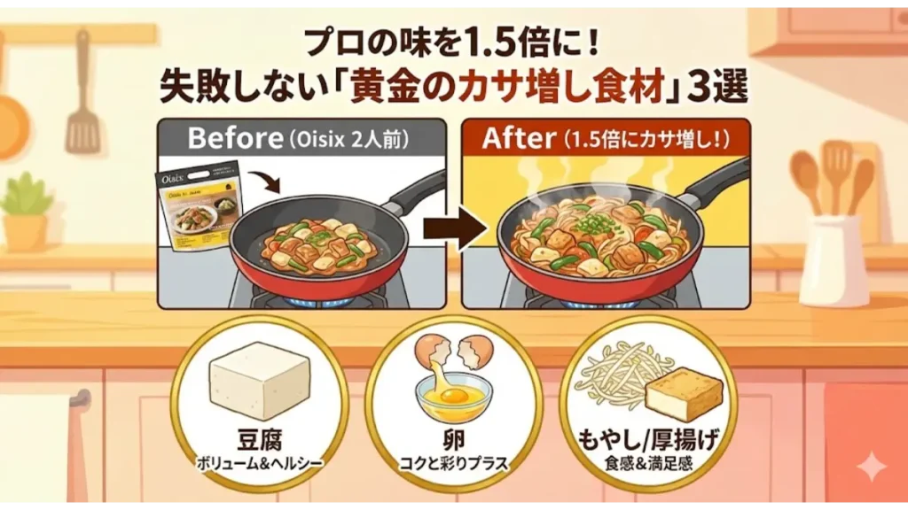 オイシックスを1.5倍に増やす黄金のカサ増し食材3選。豆腐、卵、もやしを使ったボリュームアップ術のBefore After比較と活用ガイド。