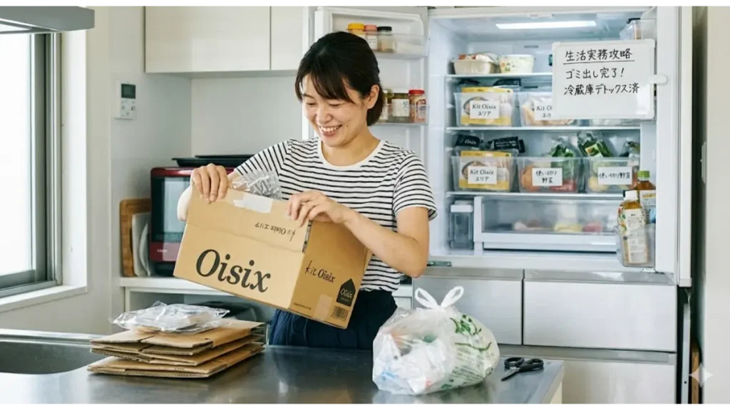 届いたオイシックスの箱を笑顔で解体し整理された冷蔵庫へ。段ボール処理や収納など生活実務の悩みを解決するタイパ攻略イメージ画像。