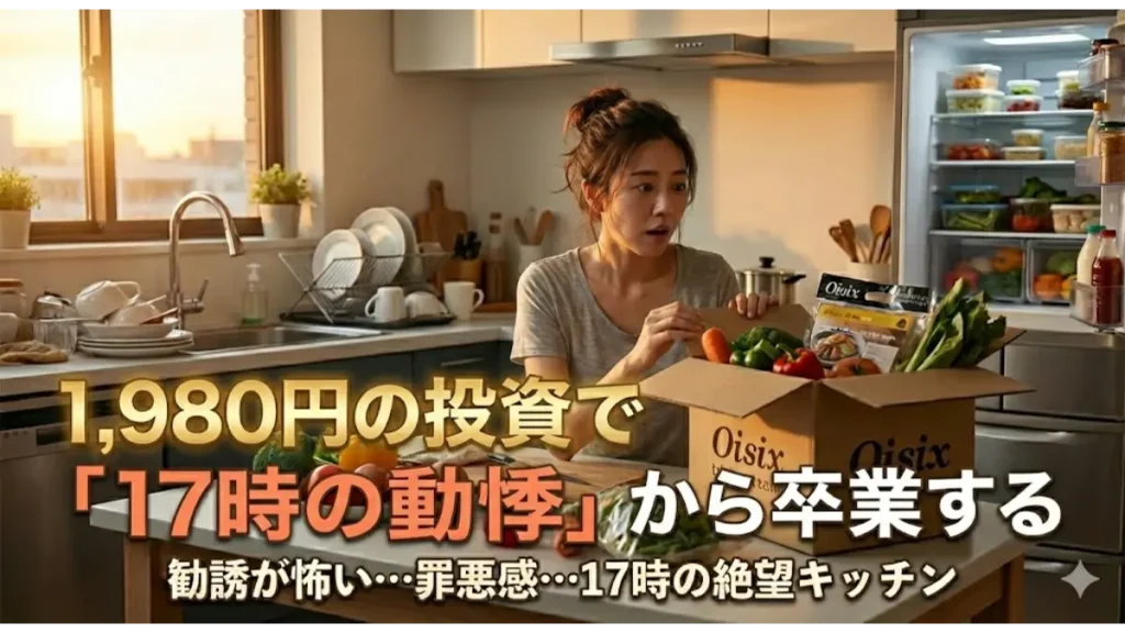 オイシックスお試しセット1980円で17時の献立地獄から解放！届いた新鮮な食材に驚き笑顔になる主婦を描いた、時短と投資の価値を伝える画像。