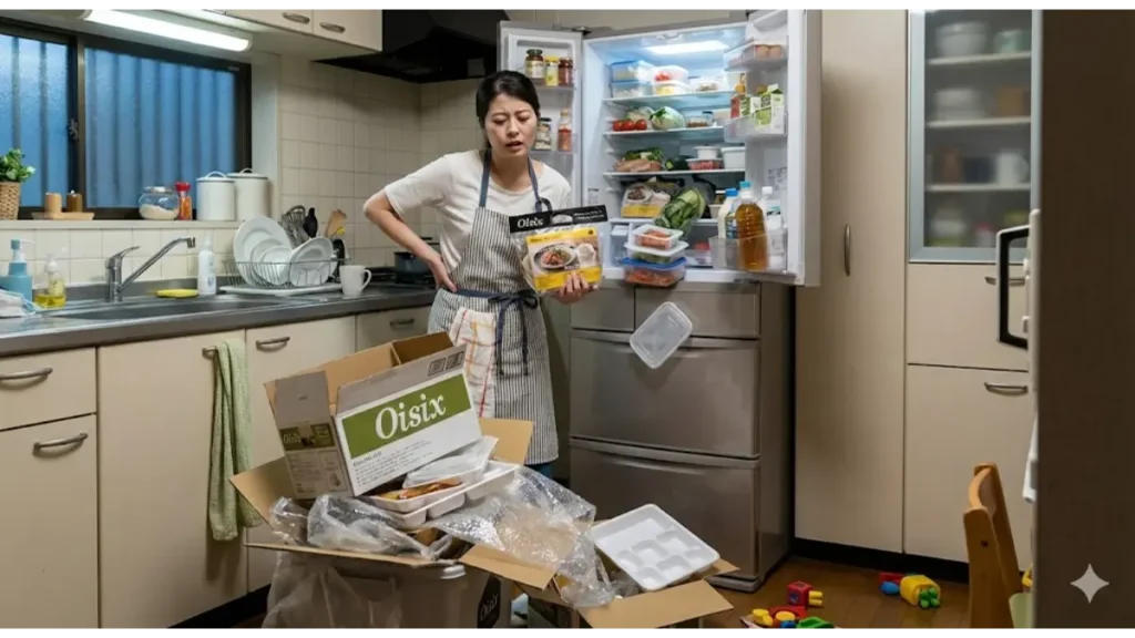 オイシックスお試しセットで冷蔵庫がパンパン！山のようなプラゴミを前に絶望する主婦。リアルな生活障壁とデメリットを可視化したブログ用画像。