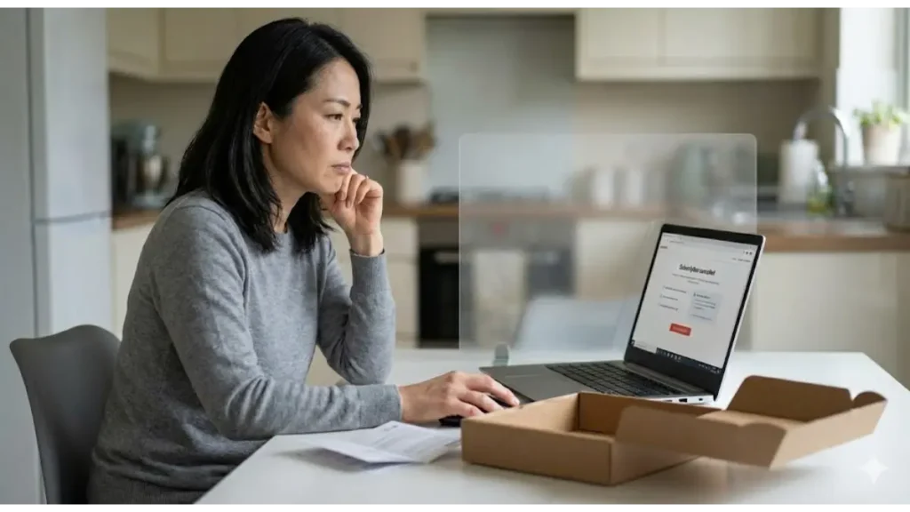 オイシックスのお試しセットだけで辞めることに気まずさを感じ、パソコンの前で迷う日本人女性。心理的ハードルと罪悪感を表現したブログ用イメージ画像。