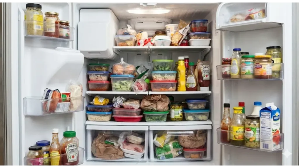 賞味期限切れや使いかけの食材でパンパンになった、片付けが必要な冷蔵庫のリアルな惨状。オイシックス導入前の掃除の重要性を伝える画像。