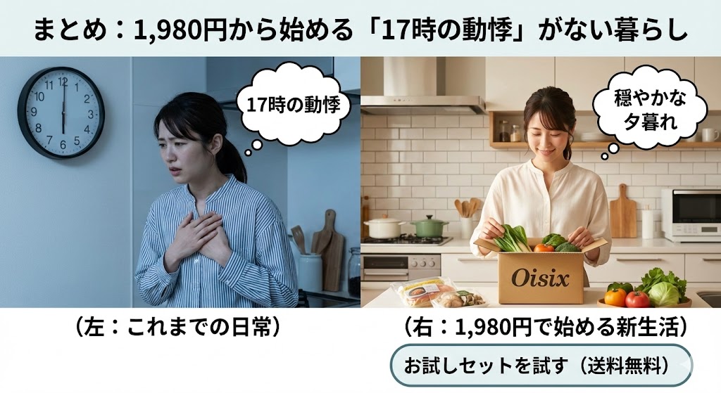 1,980円で叶える「17時の動悸」がない暮らし。オイシックスのお試しセットで夕食の悩みを解消し、穏やかな生活を取り戻す変化を描いた比較画像。