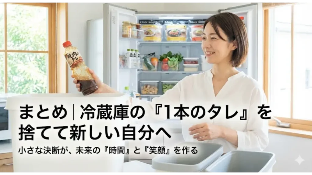 古いタレを捨ててオイシックスを迎える準備を整え、笑顔を見せる主婦。冷蔵庫掃除という決断が未来のゆとりを作ることを象徴するまとめ画像。