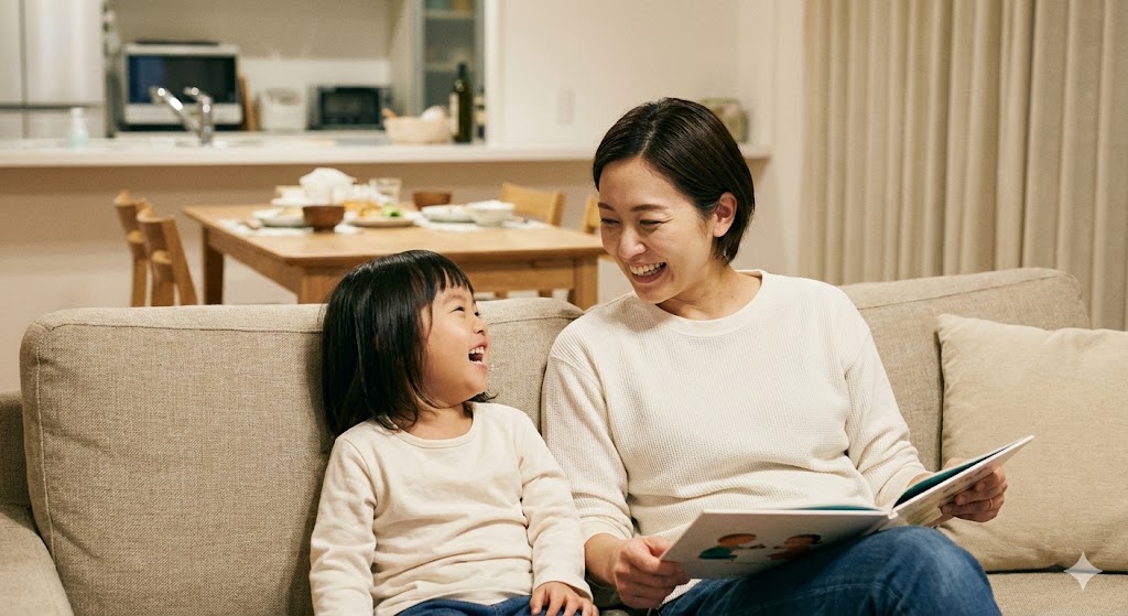 オイシックスで20分短縮し、子供と笑顔で過ごす母親。家事の外部委託が生んだ「心のゆとり」と「家族の投資」を象徴するイメージ画像。