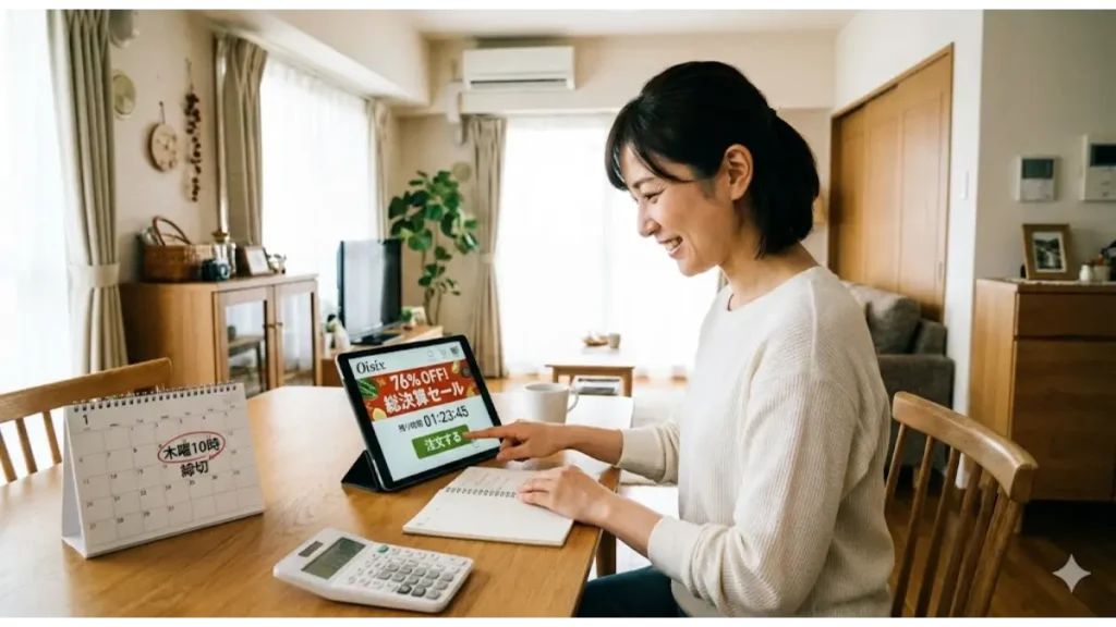 木曜10時の締切前にオイシックスを注文する主婦。総決算セールの割引を賢く利用する、お試しセットの最も得なタイミングを解説した画像。