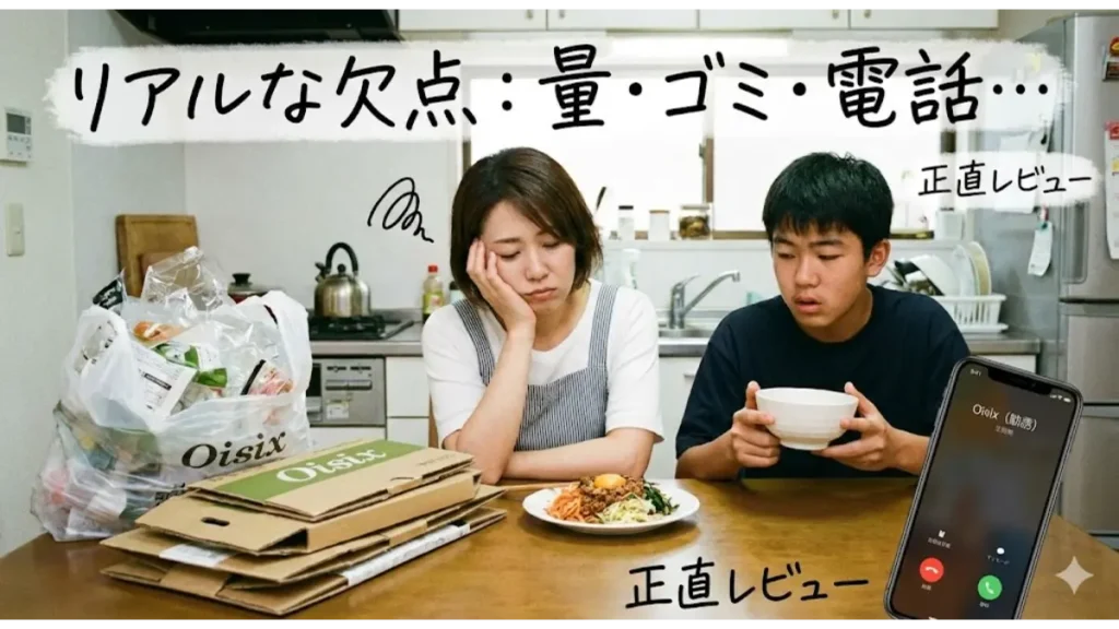 オイシックスお試しセットの欠点を正直に描いた画像。2人前では足りない量、山積みのゴミ、勧誘電話というリアルな不満を伝える正直レビュー用。