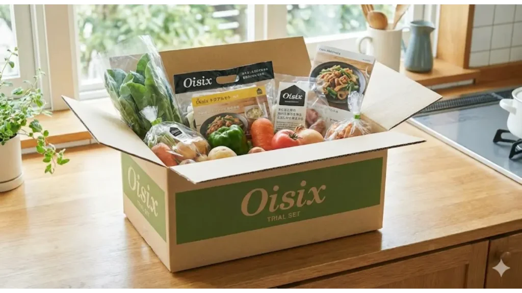 明るいキッチンに置かれたオイシックスお試しセットの箱。中には新鮮な野菜や人気のミールキットが詰まった実写風画像。